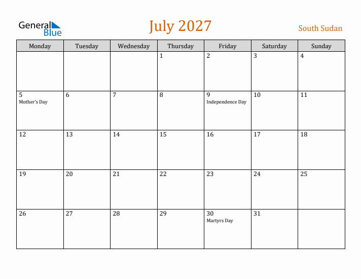 July 2027 Holiday Calendar with Monday Start