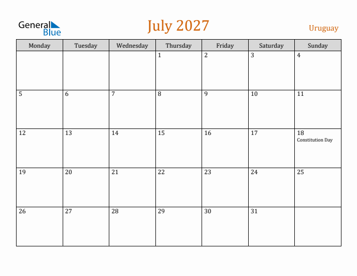 July 2027 Holiday Calendar with Monday Start