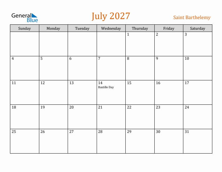 July 2027 Holiday Calendar with Sunday Start