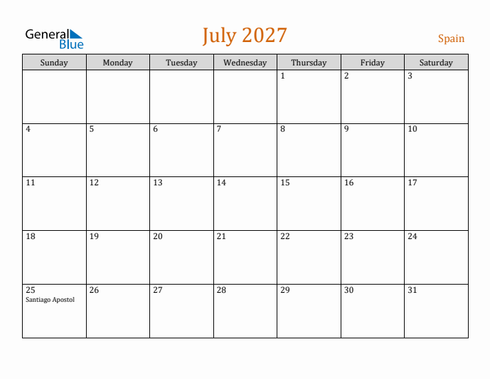 July 2027 Holiday Calendar with Sunday Start