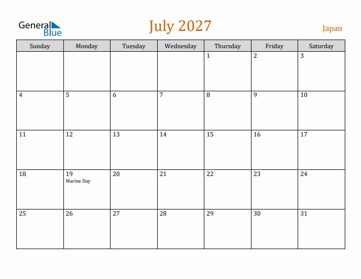 July 2027 Holiday Calendar with Sunday Start