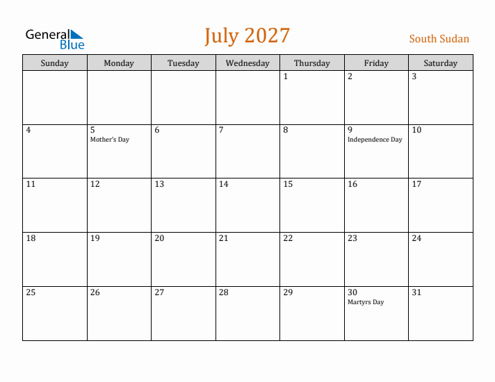 July 2027 Holiday Calendar with Sunday Start