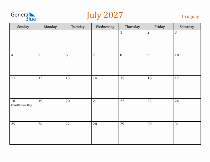 July 2027 Holiday Calendar with Sunday Start