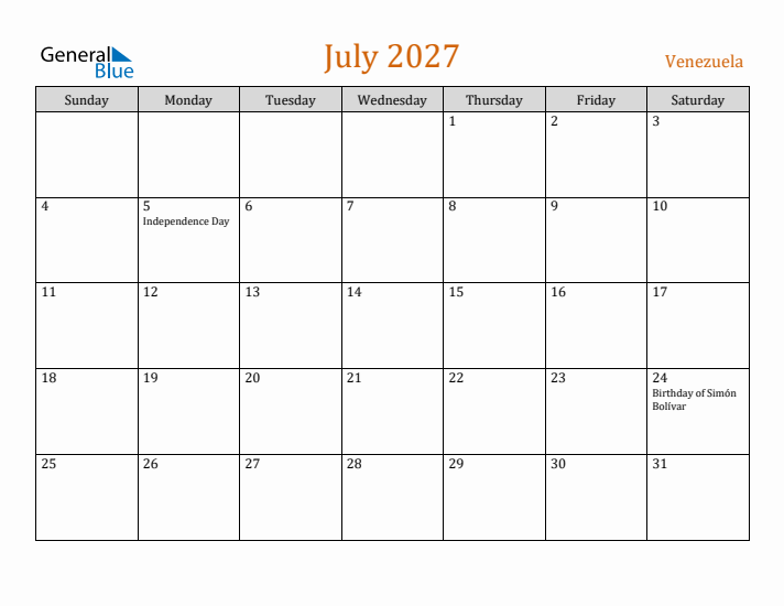 July 2027 Holiday Calendar with Sunday Start