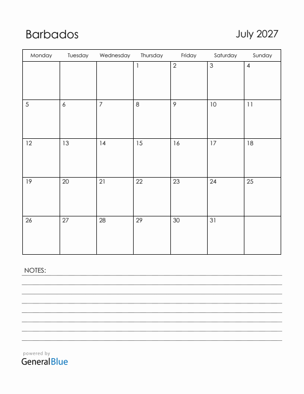 July 2027 Barbados Calendar with Holidays (Monday Start)