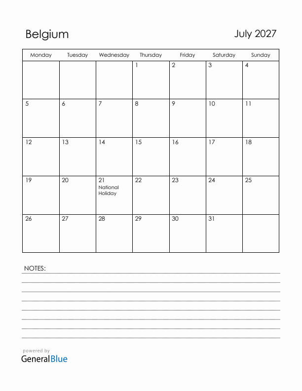 July 2027 Belgium Calendar with Holidays (Monday Start)