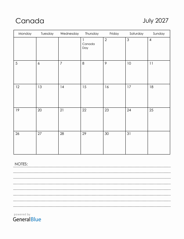 July 2027 Canada Calendar with Holidays (Monday Start)