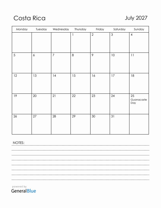 July 2027 Costa Rica Calendar with Holidays (Monday Start)