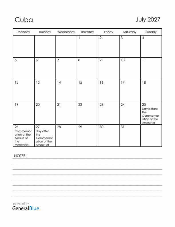 July 2027 Cuba Calendar with Holidays (Monday Start)