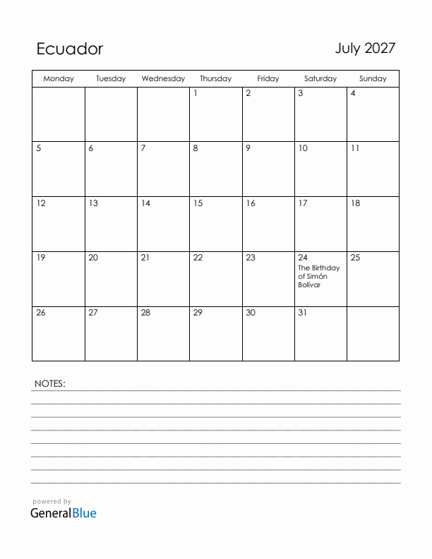 July 2027 Ecuador Calendar with Holidays (Monday Start)