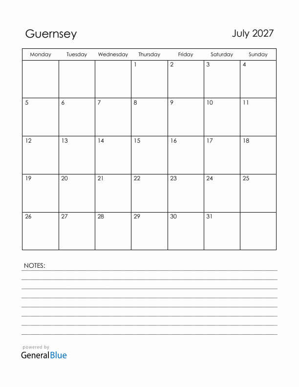 July 2027 Guernsey Calendar with Holidays (Monday Start)