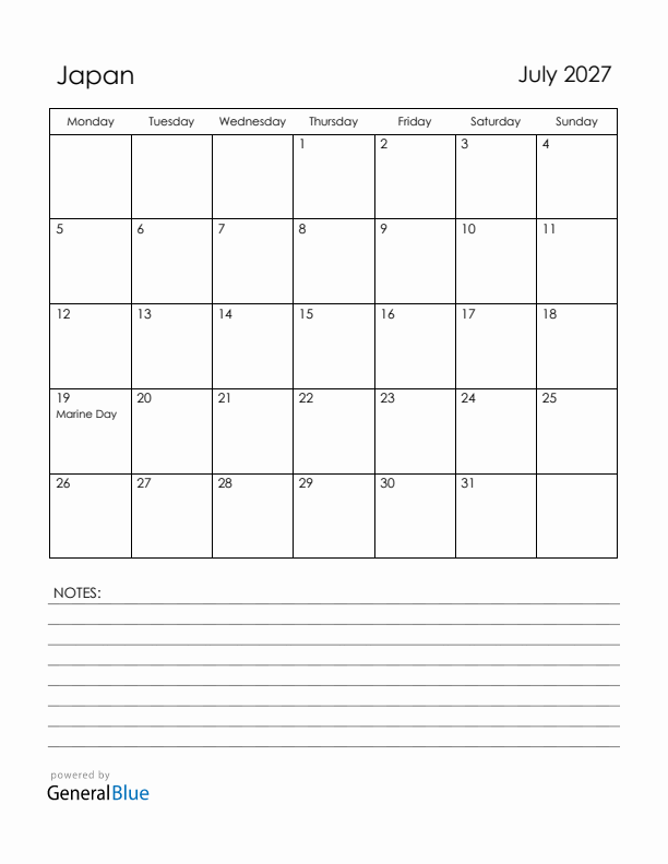 July 2027 Japan Calendar with Holidays (Monday Start)