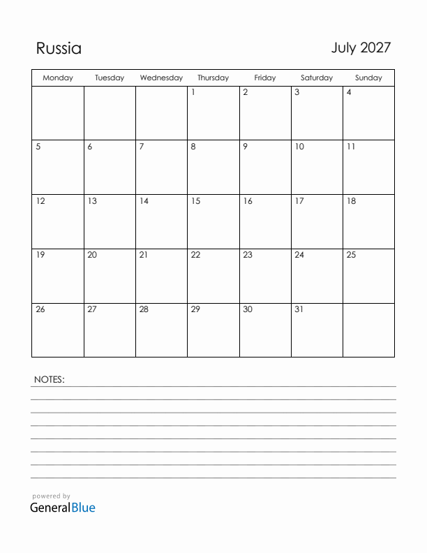 July 2027 Russia Calendar with Holidays (Monday Start)