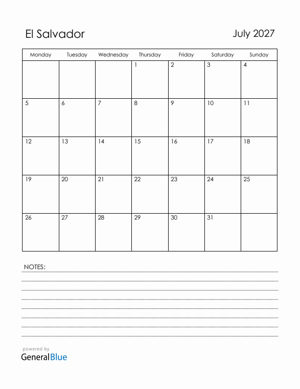 July 2027 El Salvador Calendar with Holidays (Monday Start)