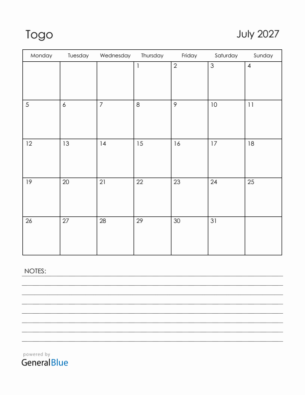 July 2027 Togo Calendar with Holidays (Monday Start)