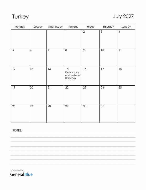 July 2027 Turkey Calendar with Holidays (Monday Start)