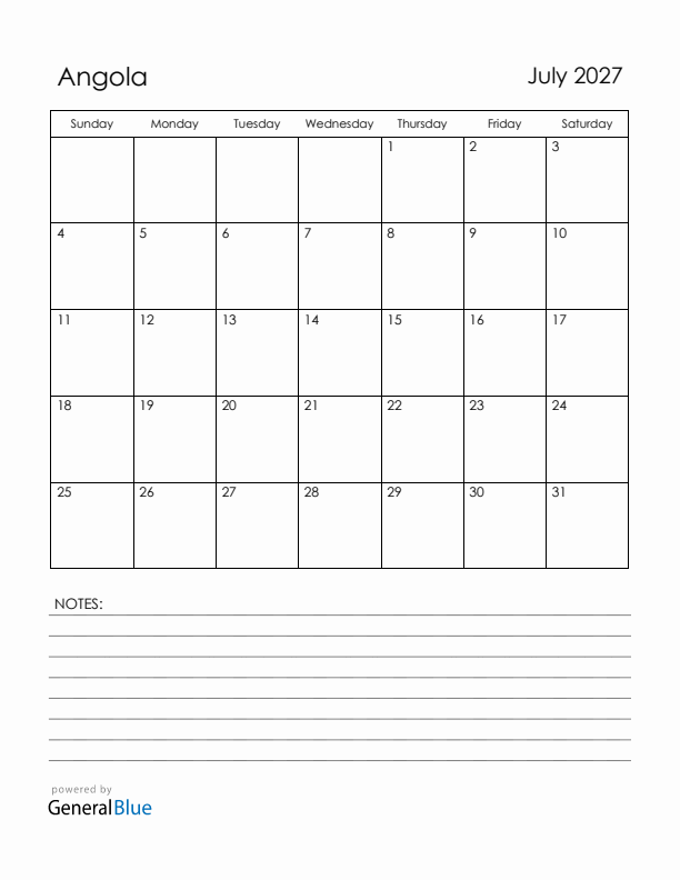 July 2027 Angola Calendar with Holidays (Sunday Start)