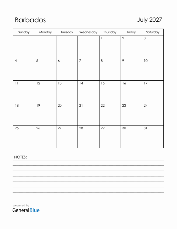 July 2027 Barbados Calendar with Holidays (Sunday Start)