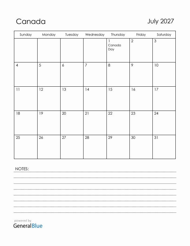 July 2027 Canada Calendar with Holidays (Sunday Start)