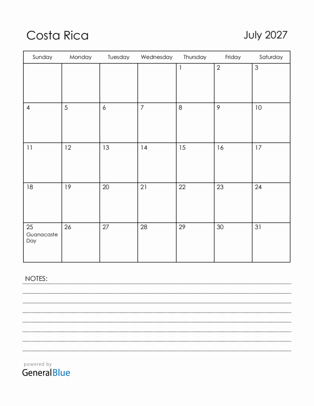 July 2027 Costa Rica Calendar with Holidays (Sunday Start)