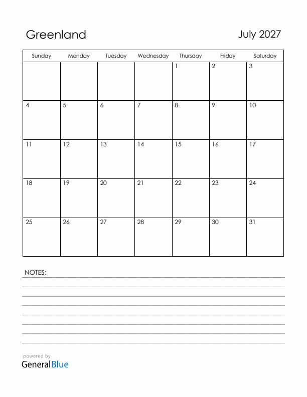 July 2027 Greenland Calendar with Holidays (Sunday Start)