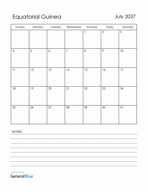 July 2027 Equatorial Guinea Calendar with Holidays (Sunday Start)