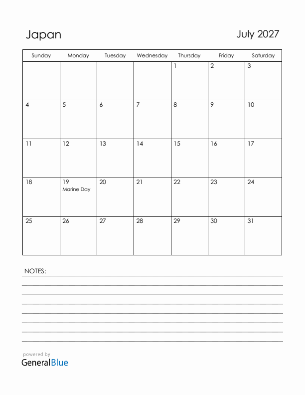 July 2027 Japan Calendar with Holidays (Sunday Start)