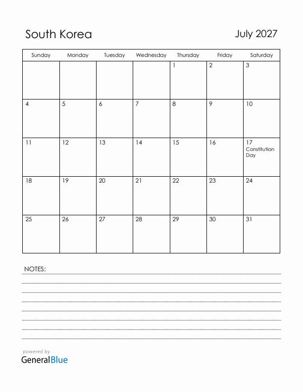 July 2027 South Korea Calendar with Holidays (Sunday Start)