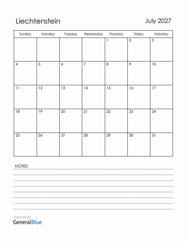 July 2027 Liechtenstein Calendar with Holidays (Sunday Start)