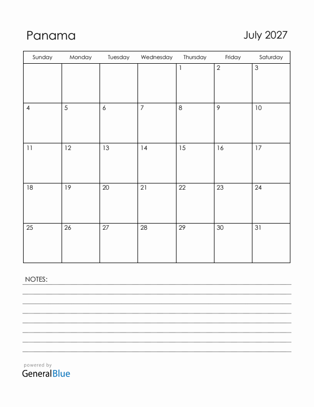 July 2027 Panama Calendar with Holidays (Sunday Start)