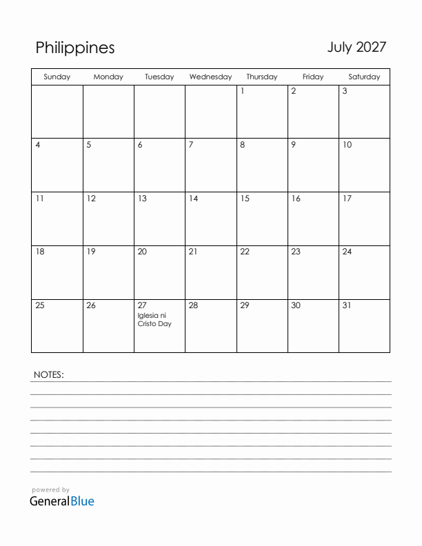 July 2027 Philippines Calendar with Holidays (Sunday Start)