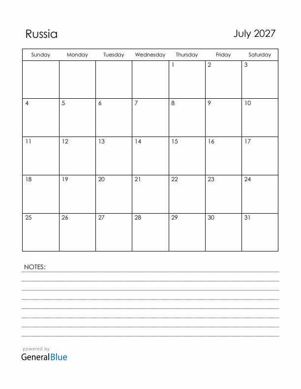 July 2027 Russia Calendar with Holidays (Sunday Start)
