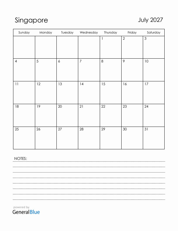 July 2027 Singapore Calendar with Holidays (Sunday Start)