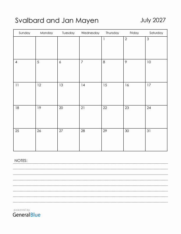 July 2027 Svalbard and Jan Mayen Calendar with Holidays (Sunday Start)