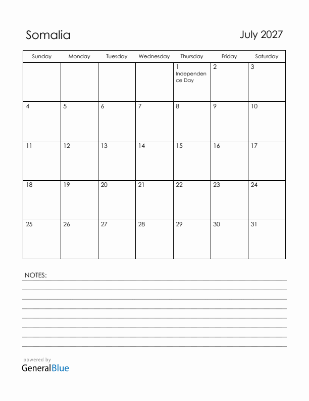 July 2027 Somalia Calendar with Holidays (Sunday Start)