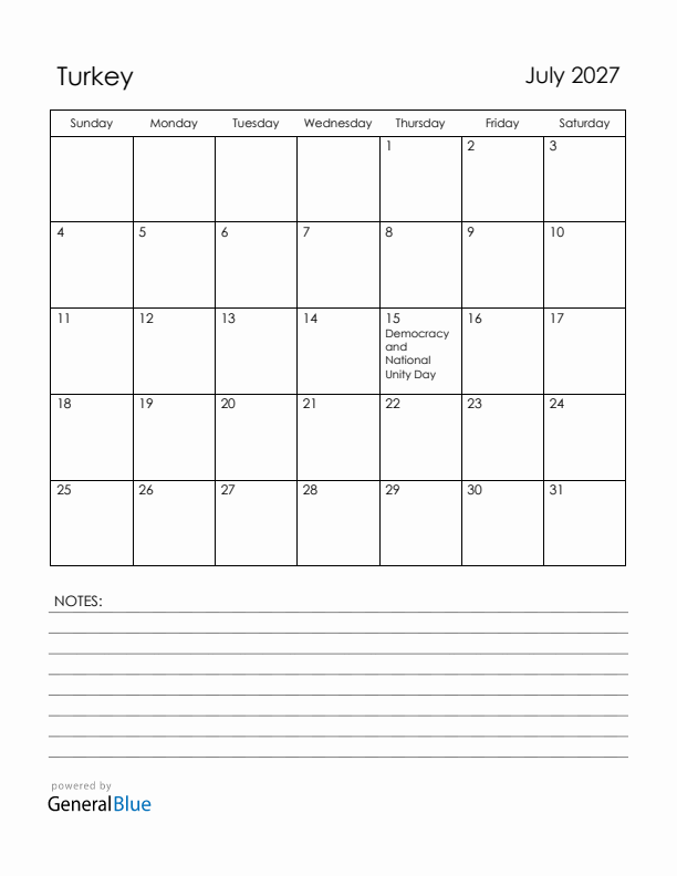 July 2027 Turkey Calendar with Holidays (Sunday Start)