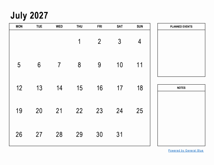 July 2027 Calendar Planner