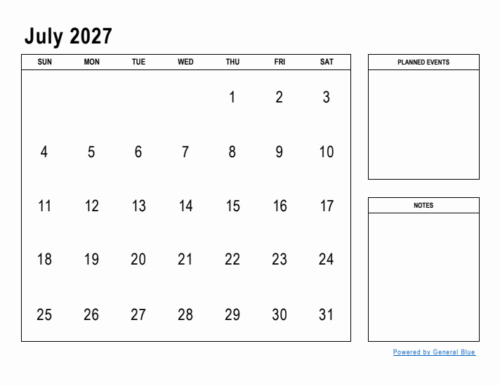 July 2027 Calendar Planner