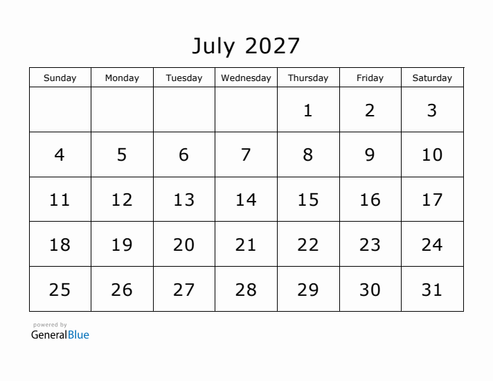 Printable July 2027 Calendar - Sunday Start