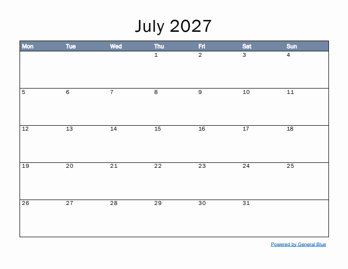 July 2027 Simple Month Calendar Template