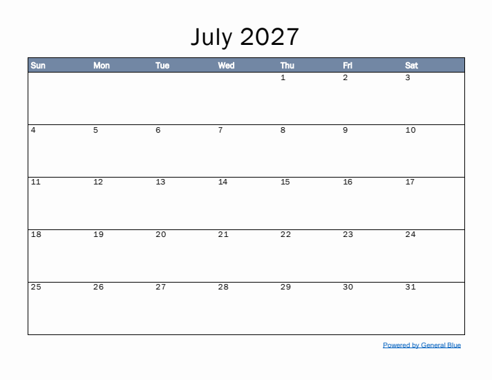 July 2027 Simple Month Calendar Template