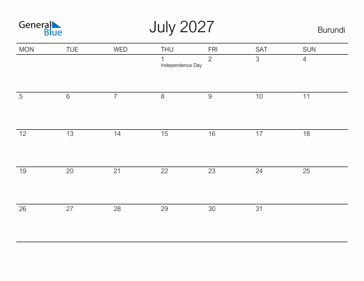 Printable July 2027 Calendar for Burundi