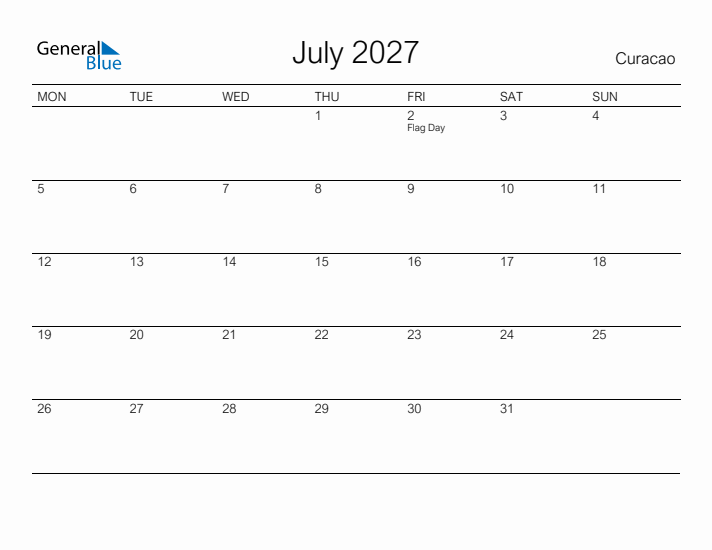 Printable July 2027 Calendar for Curacao