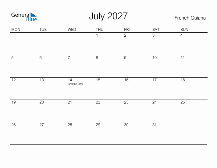 Printable July 2027 Calendar for French Guiana