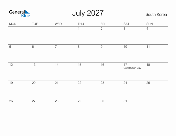 Printable July 2027 Calendar for South Korea