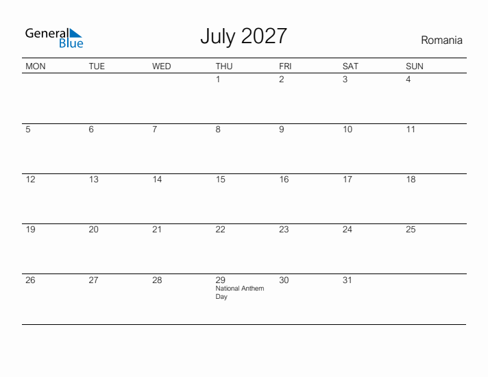 Printable July 2027 Calendar for Romania