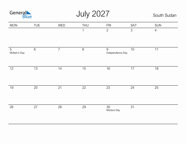 Printable July 2027 Calendar for South Sudan