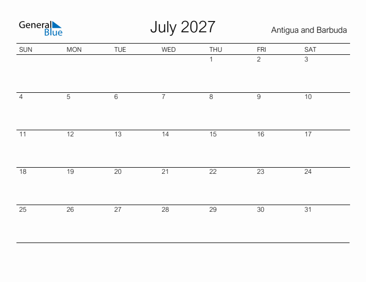 Printable July 2027 Calendar for Antigua and Barbuda