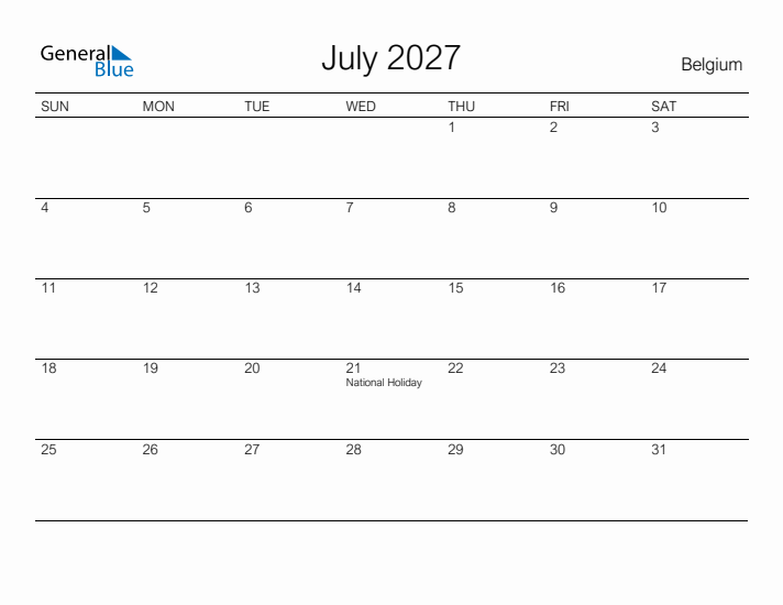 Printable July 2027 Calendar for Belgium