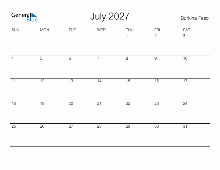 Printable July 2027 Calendar for Burkina Faso